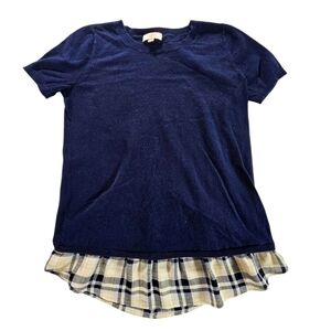LOFT Blue Short Sleeve Sweater with Layered Plaid Hem Size XS